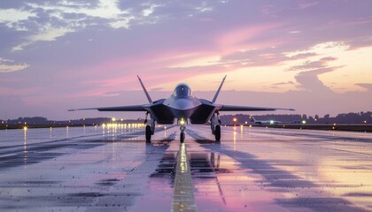 Modern Stealth Fighter Jet on Wet Tarmac Reflecting Vibrant Evening Sky