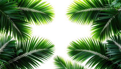 Close-up of lush green palm fronds arranged around a central negative space. Natural light illuminates the foliage