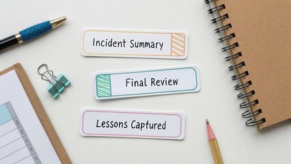 Colorful Labels for Incident Summary, Final Review, and Lessons Captured on Notebook and Desk Essentials for Organizational Needs