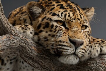 Fototapeta premium Majestic leopard resting on tree branch with piercing gaze