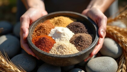Hands hold bowl of ancient grains diversity like emmer einkorn spelt sorghum millet and wheat. Healthy food ingredients for baking artisan bread farm to table.