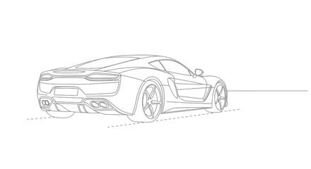 Obraz premium Sleek modern sports car rear view line drawing illustration on a clean white background with subtle road markings