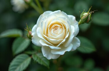 White rose bloom opens its delicate petals in a garden setting. Close up detail shows soft center and green leaves with a bud nearby. Natural beauty of summer flora.