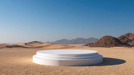 Obraz premium Elevated white platform stage in desert landscape under bright sky