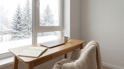 雪景色の窓辺でリモートワークする冬のホームオフィス温かいマグカップとミニマルデスク背景余白あり-生成AI