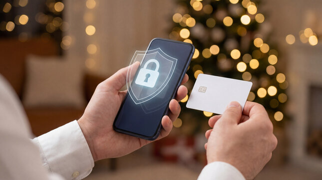 クリスマス商戦のオンライン決済を守るサイバーセキュリティ概念スマホとカードのクローズアップ背景ぼけライト-生成AI