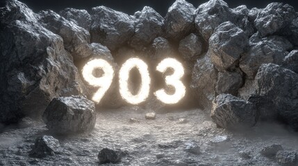 Illuminated numeric sequence emerges from a dark, craggy rock formation
