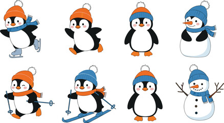 Cute Cartoon Penguins and Snowman Winter Activities Set: Ice Skating, Skiing, Running, and Standing in Blue and Orange Hats and Scarves, Vector Clip Art Collection