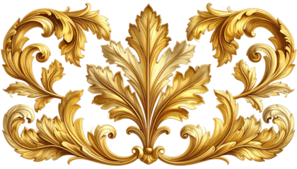 Ornate golden foliage element featuring swirling leaves and a central, upright floral arrangement with detailed textures
