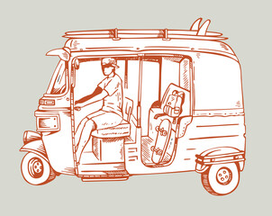 Illustration of a Tuk Tuk in a casual style, alluding to surfing and skateboarding.