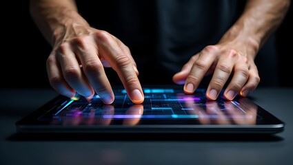 man hands touching tablet screen with glowing interface