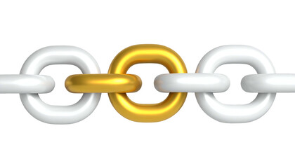 Fototapeta premium Three interlocked chain links against a black background. One link is gold; the two outer links are white and shiny