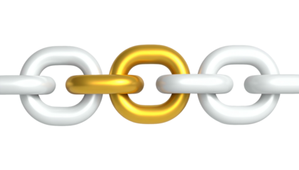 Three interlocked chain links against a black background. One link is gold; the two outer links are white and shiny