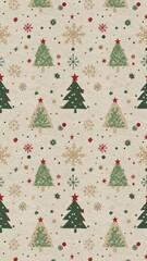 Festive Holiday Pattern Featuring Christmas Trees and Snowflakes on Light Background