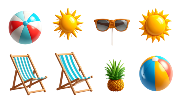 Assortment of vibrant summer icons, featuring beach balls, suns, sunglasses, folding chairs, and a pineapple against a black background - Powered by Adobe