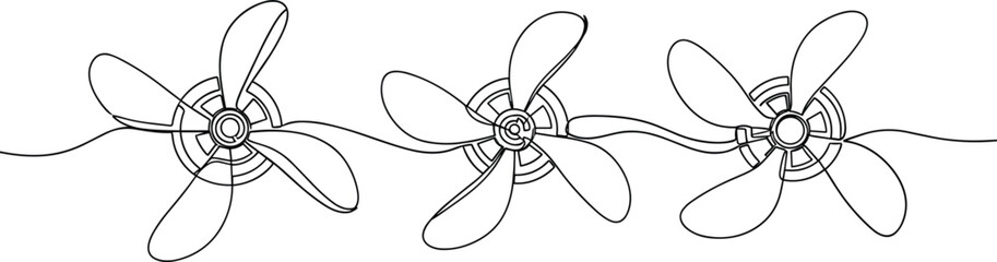 Continuous line drawing of three propeller rotors or boat screws on a stylized wavy line, black and white vector sketch of turbine blades, minimalist outline artwork, modern machine part illustration.