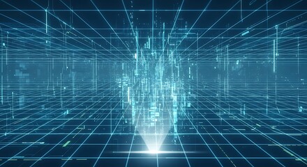 Abstract Digital Grid with Glowing Blue Light and Data Connections