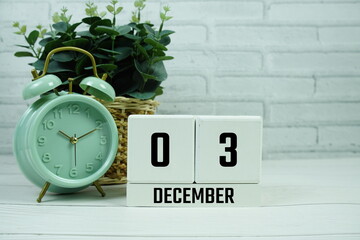 Wooden Calendar Showing the Date of December 3rd. Day 3 of December Month
