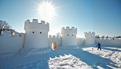 A child building a large snow castle in a sunny winter landscape with bright blue sky
