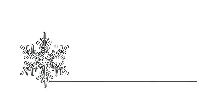 Minimalist single line drawing of a detailed snowflake on a clean white background with ample copy space