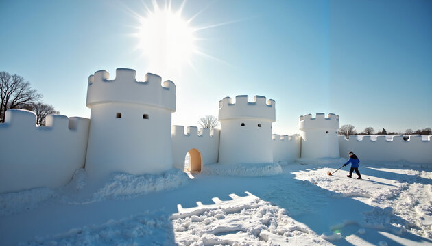 A child building a large snow castle in a sunny winter landscape with bright blue sky
