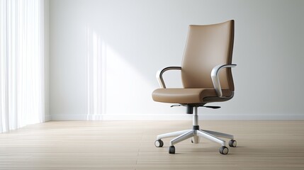 Modern ergonomic office chair in an empty room with large windows allowing natural light to illuminate the minimalistic workspace decor