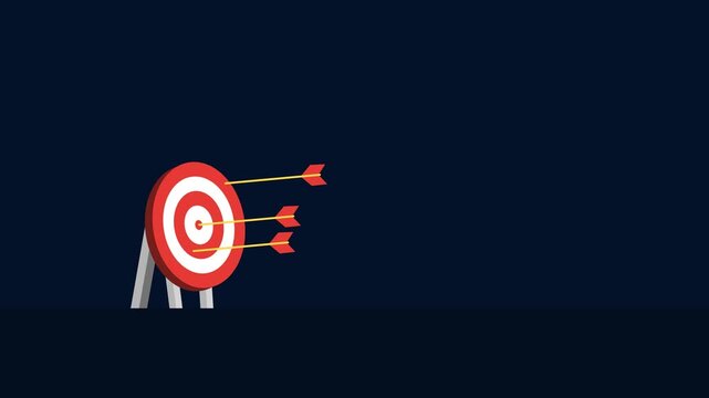 Animated target board with arrows hitting the bullseye on a dark background. Visual concept of business goals, accuracy, focus, success, achievement, strategy, KPI, and performance metrics.
