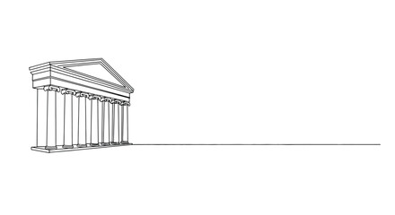 Minimalist line art illustration of a classical greek or roman building facade with columns and a pediment on a white background