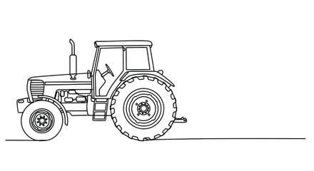 Simple black and white line art illustration of a farm tractor with large rear wheels and a cab on a white background © Line Home