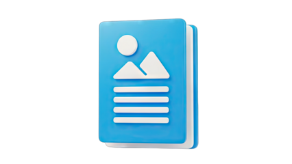 3D Rendered Blue Book with Mountain and Sun Icon
