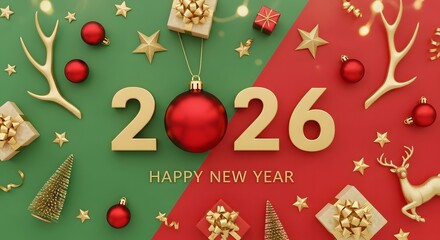 Happy new year 2026 greeting card with christmas ornaments and decorations
