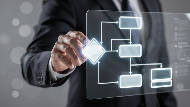 Businessman Hand Touching Virtual Flowchart Diagram Represents Workflow Process, Business Decision Logic, and Algorithm Strategy