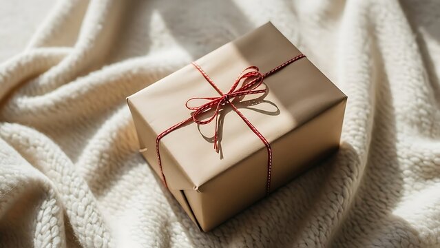 Thoughtful gift box wrapped in natural kraft paper with red twine, resting on a soft, knitted cream blanket, highlighted by warm sunlight and shadow