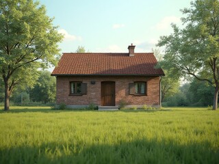 Obraz premium Charming Rural Brick House Surrounded by Green Landscape