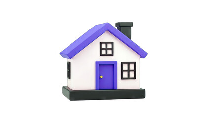 3D Rendered House with Purple Roof and Door on White