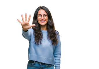 Woman showing five fingers isolated on transparent background