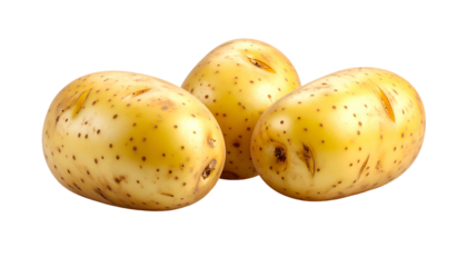 Three starchy, golden root vegetables, each with speckled skin, are isolated against a stark black background