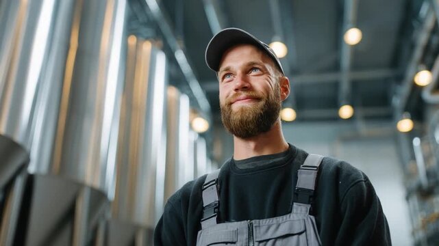Brewery Artisan: A skilled brewery artisan, with a contented smile, stands amidst towering stainless steel tanks, representing the art of brewing excellence, craft and industry.