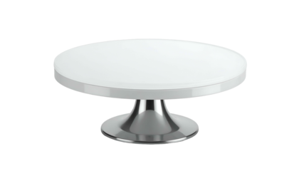 A modern, minimalist cake stand, featuring a round, bright white top, supported by a polished metallic base. The background is a stark black