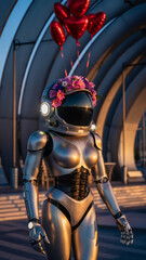 Fototapeta premium humanoid robot with floral crown and heart-shaped balloons outdoors at sunset.