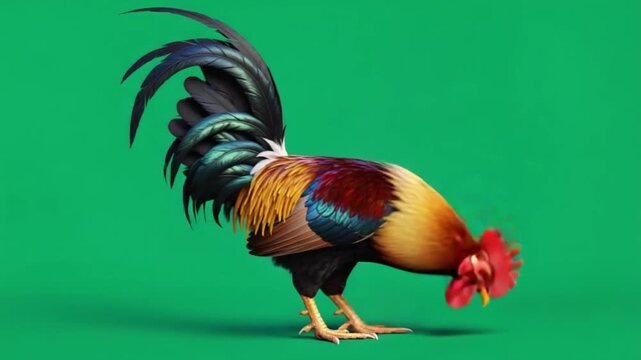 A vibrant rooster standing proudly against a solid green backdrop in a full body side view shot chicken green screen video