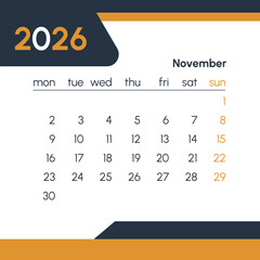 November 2026 calendar with orange highlights on weekends