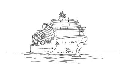 Obraz premium Illustration of front view of a cruise ship isolated on white background, a handdrawn sketch of a large passenger vessel on the water surface