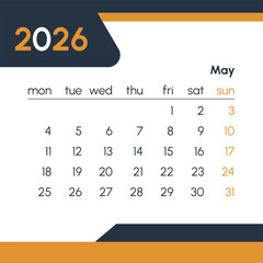 May 2026 modern calendar with orange accents and clean design