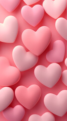 Top view of a dreamy macro scene of soft, fuzzy hearts in shades of pastel pink theme, pastel background, perfect for Valentine&rsquo;s Day, romantic greetings, or dreamy decorative designs.