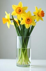 Yellow daffodils in glass vase on white table. Fresh spring flowers with green stems in water. Bright floral arrangement for home decoration.