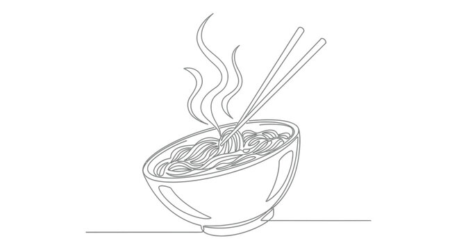 Minimalist single line drawing of a steaming bowl of noodles being lifted with chopsticks on a white background