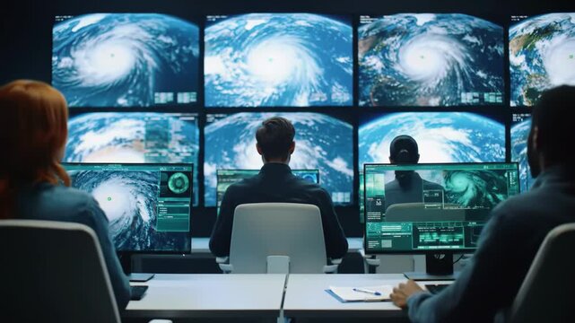 Three people monitor hurricane data on multiple screens in a dark blue lit room, focusing on weather analysis and crisis management.