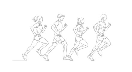 Diverse group of men and women runners in motion depicted with clean line art style on a white background © Line Home