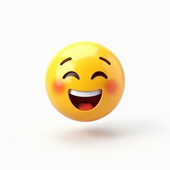 Fototapeta premium Yellow emoji with happy face smiles and laughs. Red cheeks and open mouth show joy. Digital art conveys fun, positive feelings for social media.